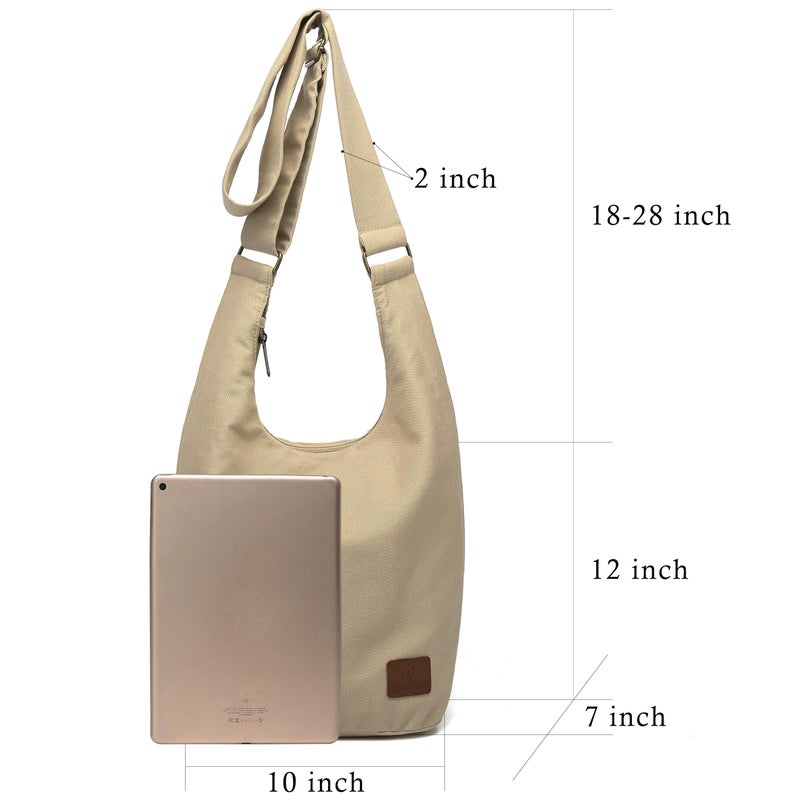 Coton Pose Hippie Crossbody Bag Large size Top Zip Cotton Sling Bag Jacquard cloth Handmade Bags (Tan Beige) - Image 3